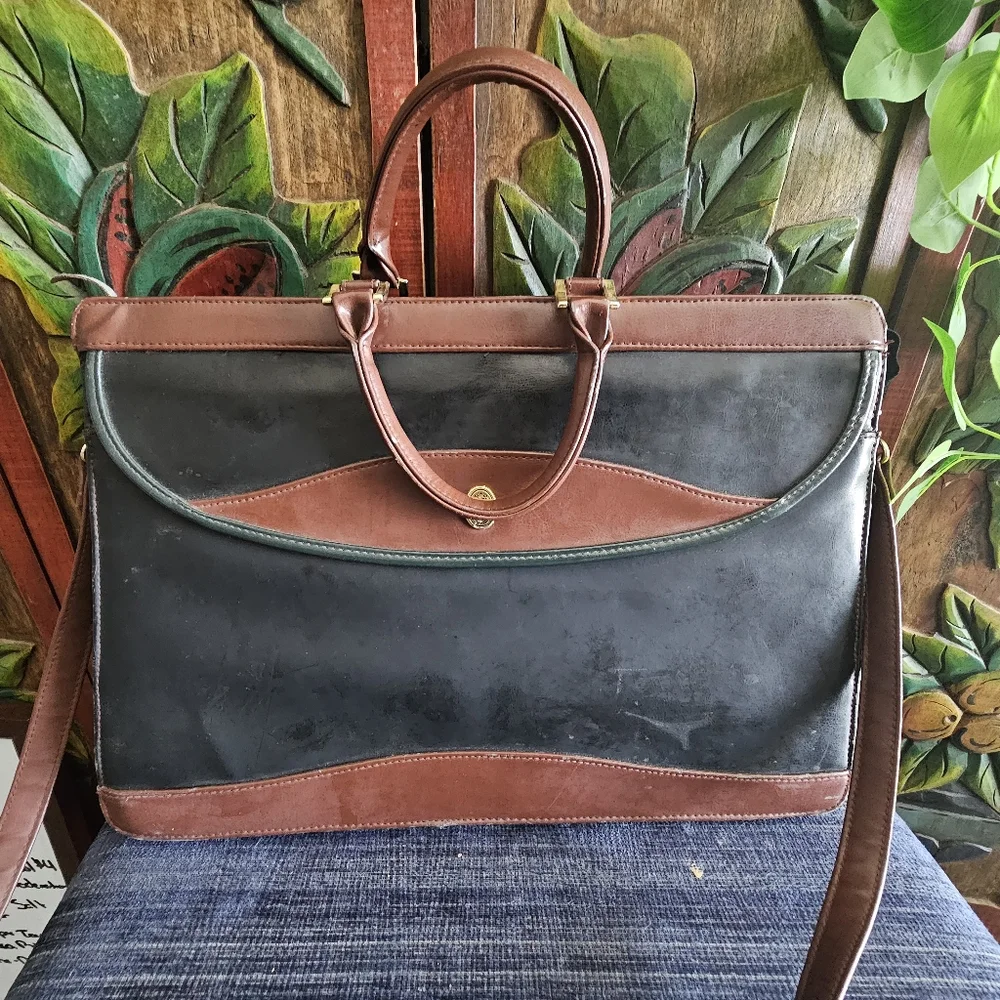 Vintage 1970s Brown Black Leather Briefcase Craftmanship Some Wear Gold Shield